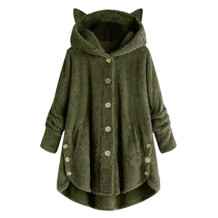 Women's Fleece Rabbit Hood Cardigan Jacket Sherpa Jacket with Pockets Coat