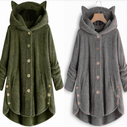 Women's Fleece Rabbit Hood Cardigan Jacket Sherpa Jacket with Pockets Coat