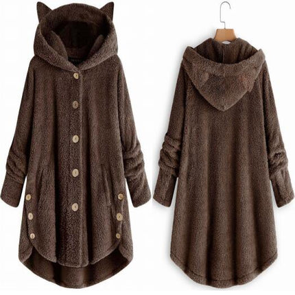 Women's Fleece Rabbit Hood Cardigan Jacket Sherpa Jacket with Pockets Coat