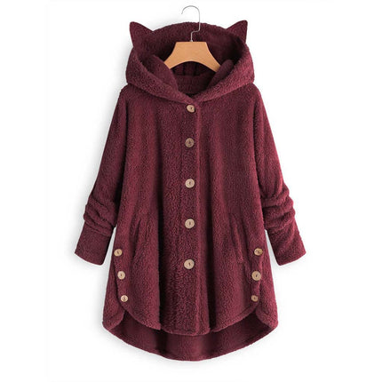 Women's Fleece Rabbit Hood Cardigan Jacket Sherpa Jacket with Pockets Coat