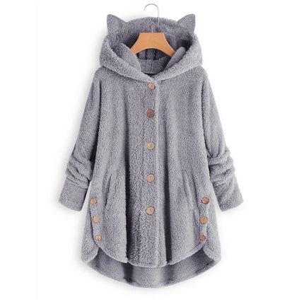 Women's Fleece Rabbit Hood Cardigan Jacket Sherpa Jacket with Pockets Coat