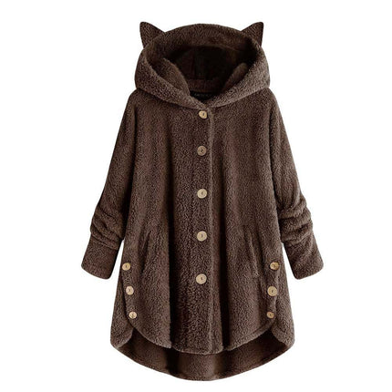 Women's Fleece Rabbit Hood Cardigan Jacket Sherpa Jacket with Pockets Coat