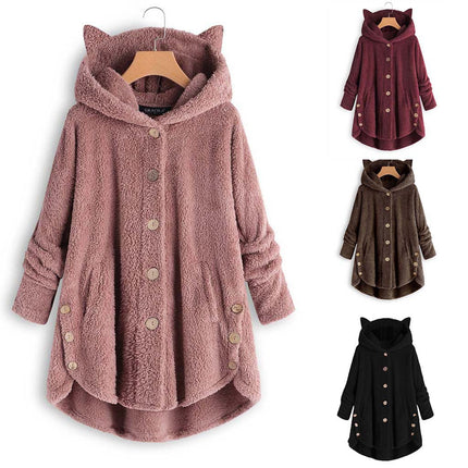 Women's Fleece Rabbit Hood Cardigan Jacket Sherpa Jacket with Pockets Coat