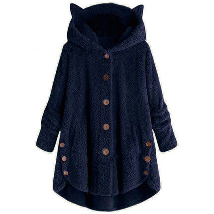 Women's Fleece Rabbit Hood Cardigan Jacket Sherpa Jacket with Pockets Coat