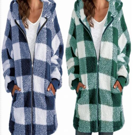 Women's Plaid Flannel Long Hoodie Long Sleeve Zipper Loose with Pockets Jacket