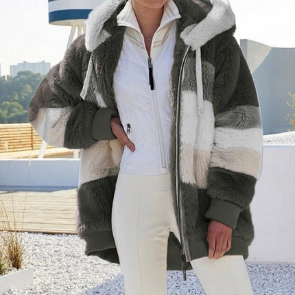 Womens  Winter Fuzzy Jacket Hooded Color Block Patchwork Cardigan Coats Outerwear with Pockets