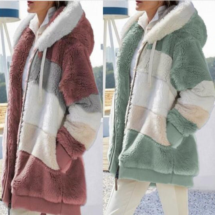 Womens  Winter Fuzzy Jacket Hooded Color Block Patchwork Cardigan Coats Outerwear with Pockets