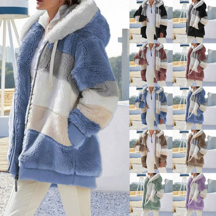 Womens  Winter Fuzzy Jacket Hooded Color Block Patchwork Cardigan Coats Outerwear with Pockets