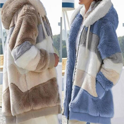 Womens  Winter Fuzzy Jacket Hooded Color Block Patchwork Cardigan Coats Outerwear with Pockets