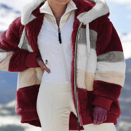 Womens  Winter Fuzzy Jacket Hooded Color Block Patchwork Cardigan Coats Outerwear with Pockets