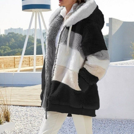 Womens  Winter Fuzzy Jacket Hooded Color Block Patchwork Cardigan Coats Outerwear with Pockets