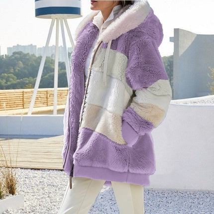 Womens  Winter Fuzzy Jacket Hooded Color Block Patchwork Cardigan Coats Outerwear with Pockets