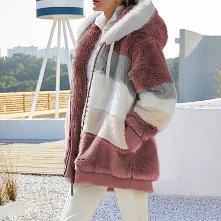 Womens  Winter Fuzzy Jacket Hooded Color Block Patchwork Cardigan Coats Outerwear with Pockets