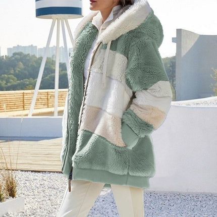 Womens  Winter Fuzzy Jacket Hooded Color Block Patchwork Cardigan Coats Outerwear with Pockets