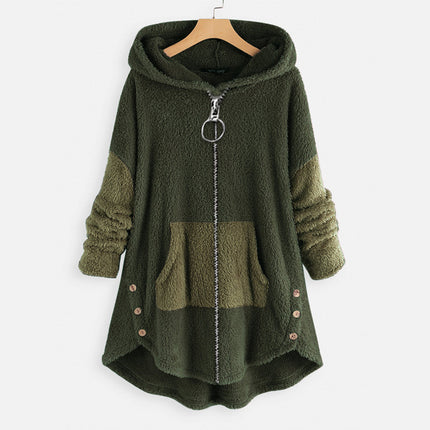 Women's Winter Shaggy Fleece Fleece Jacket Hooded Color Clash with Pockets Slouchy Cardigan Jacket