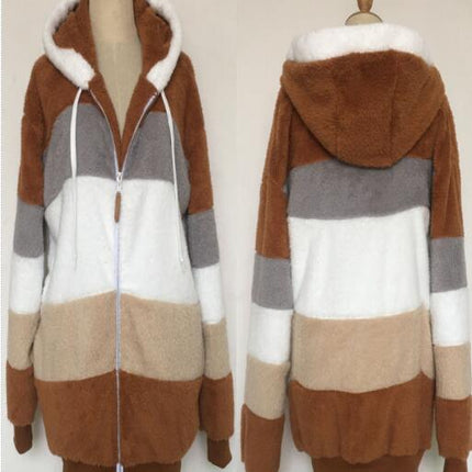 Womens  Winter Fuzzy Jacket Hooded Color Block Patchwork Cardigan Coats Outerwear with Pockets