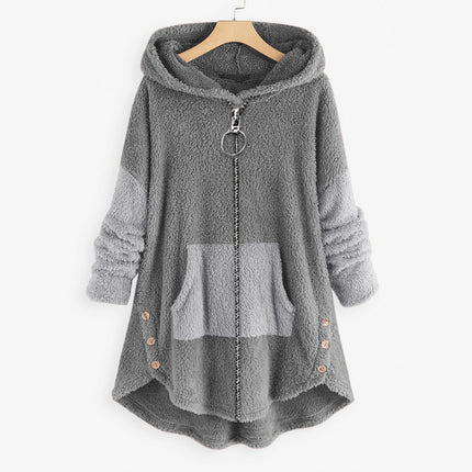 Women's Winter Shaggy Fleece Fleece Jacket Hooded Color Clash with Pockets Slouchy Cardigan Jacket