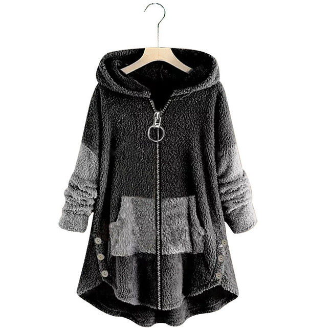 Women's Winter Shaggy Fleece Fleece Jacket Hooded Color Clash with Pockets Slouchy Cardigan Jacket