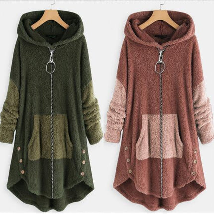 Women's Winter Shaggy Fleece Fleece Jacket Hooded Color Clash with Pockets Slouchy Cardigan Jacket