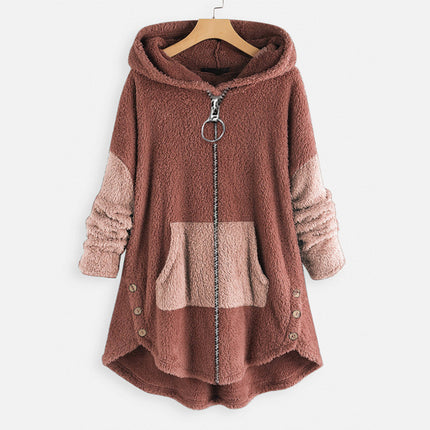 Women's Winter Shaggy Fleece Fleece Jacket Hooded Color Clash with Pockets Slouchy Cardigan Jacket