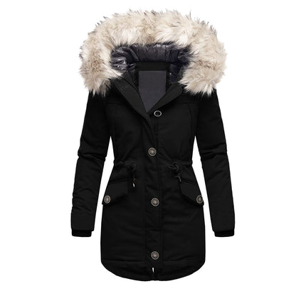 Women's Fur Hooded Winter Parker Coat Thickened Winter Jacket Coat Fur Trimmed Hooded Waisted Coat