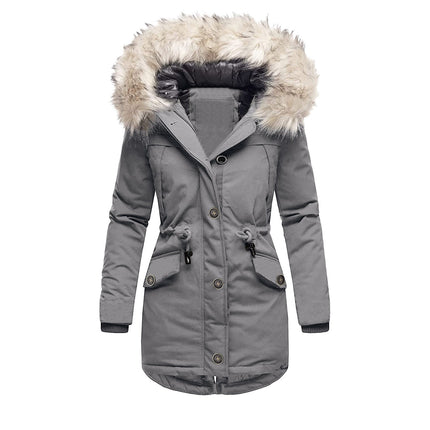 Women's Fur Hooded Winter Parker Coat Thickened Winter Jacket Coat Fur Trimmed Hooded Waisted Coat