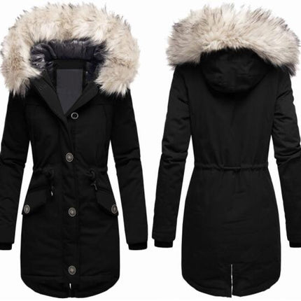 Women's Fur Hooded Winter Parker Coat Thickened Winter Jacket Coat Fur Trimmed Hooded Waisted Coat