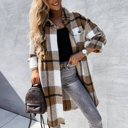 Plaid Jacket Women's Button Long Tweed Shirt Casual Lapel Autumn and Winter Jacket