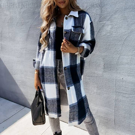 Plaid Jacket Women's Button Long Tweed Shirt Casual Lapel Autumn and Winter Jacket