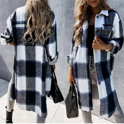 Plaid Jacket Women's Button Long Tweed Shirt Casual Lapel Autumn and Winter Jacket