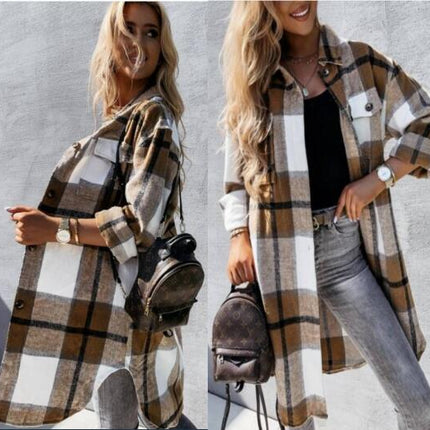 Plaid Jacket Women's Button Long Tweed Shirt Casual Lapel Autumn and Winter Jacket