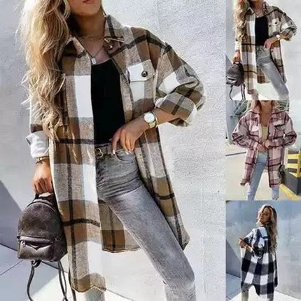 Plaid Jacket Women's Button Long Tweed Shirt Casual Lapel Autumn and Winter Jacket