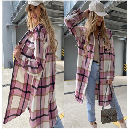 Plaid Jacket Women's Button Long Tweed Shirt Casual Lapel Autumn and Winter Jacket