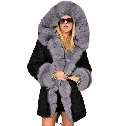 Women's Faux Fur Coat Winter Hair Collar Hooded Long Coat Cardigan Plush Outerwear with Pockets