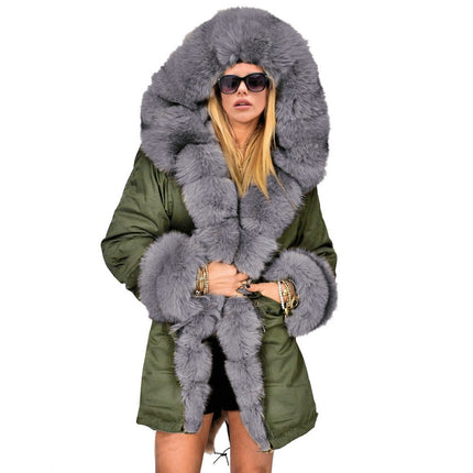 Women's Faux Fur Coat Winter Hair Collar Hooded Long Coat Cardigan Plush Outerwear with Pockets