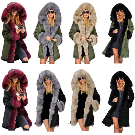 Women's Faux Fur Coat Winter Hair Collar Hooded Long Coat Cardigan Plush Outerwear with Pockets