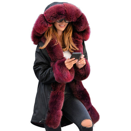 Women's Faux Fur Coat Winter Hair Collar Hooded Long Coat Cardigan Plush Outerwear with Pockets