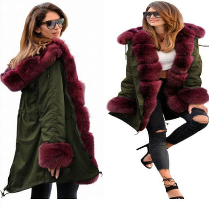 Women's Faux Fur Coat Winter Hair Collar Hooded Long Coat Cardigan Plush Outerwear with Pockets