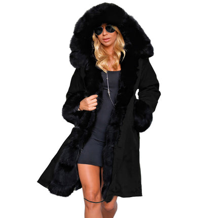 Women's Faux Fur Coat Winter Hair Collar Hooded Long Coat Cardigan Plush Outerwear with Pockets