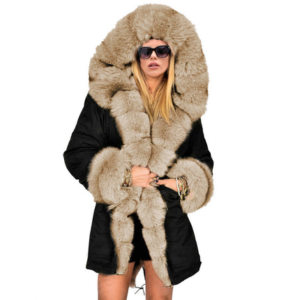 Women's Faux Fur Coat Winter Hair Collar Hooded Long Coat Cardigan Plush Outerwear with Pockets