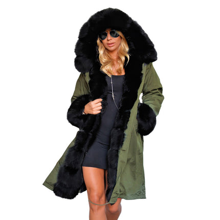 Women's Faux Fur Coat Winter Hair Collar Hooded Long Coat Cardigan Plush Outerwear with Pockets