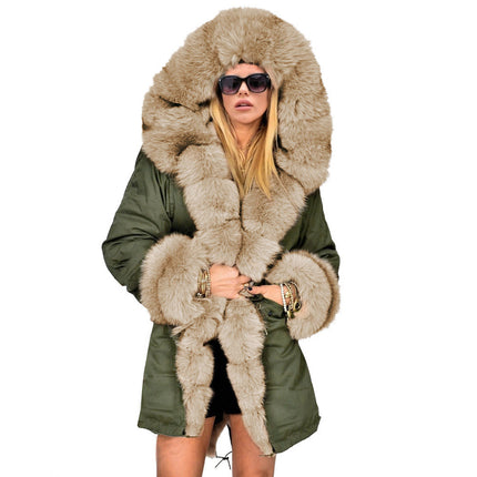 Women's Faux Fur Coat Winter Hair Collar Hooded Long Coat Cardigan Plush Outerwear with Pockets