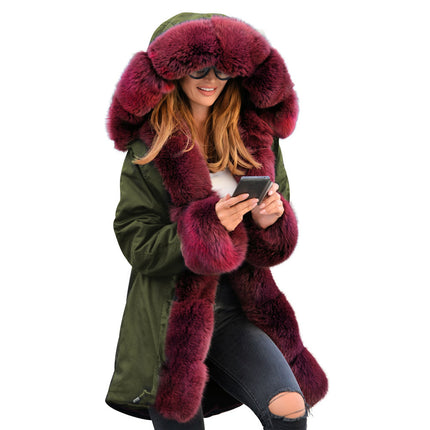 Women's Faux Fur Coat Winter Hair Collar Hooded Long Coat Cardigan Plush Outerwear with Pockets