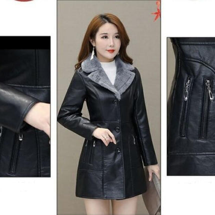 Women's PU Leather Jacket with Faux Fur Lining, Winter Thickened and Warm Long Coat