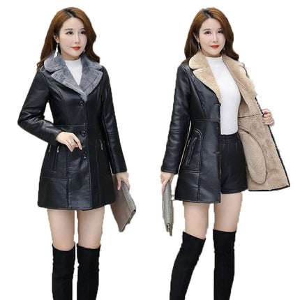 Women's PU Leather Jacket with Faux Fur Lining, Winter Thickened and Warm Long Coat