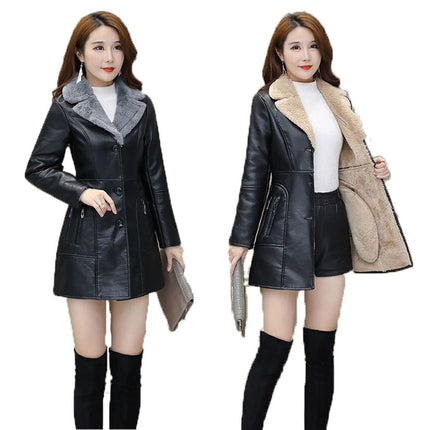 Women's PU Leather Jacket with Faux Fur Lining, Winter Thickened and Warm Long Coat