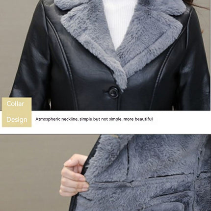 Women's PU Leather Jacket with Faux Fur Lining, Winter Thickened and Warm Long Coat