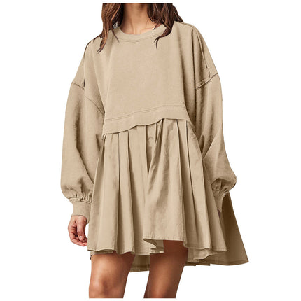 Women's Oversized Long Sleeve Sweatshirt Dress Patchwork Pullover Loose Pleated Skirt Top