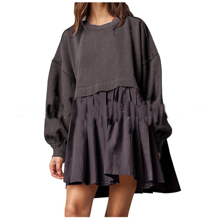 Women's Oversized Long Sleeve Sweatshirt Dress Patchwork Pullover Loose Pleated Skirt Top