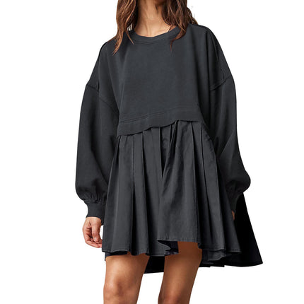 Women's Oversized Long Sleeve Sweatshirt Dress Patchwork Pullover Loose Pleated Skirt Top